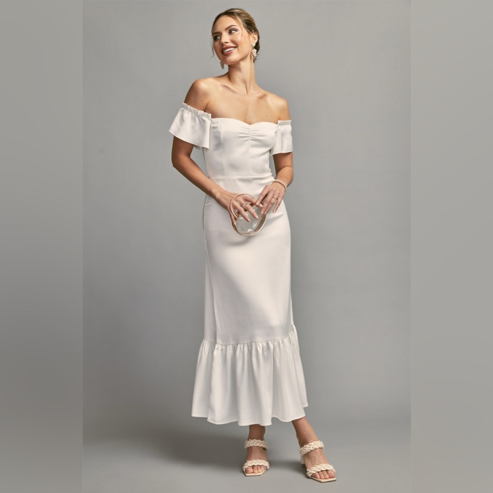 $198! Francesca’s Phoebe Off The Shoulder Wedding Dress White